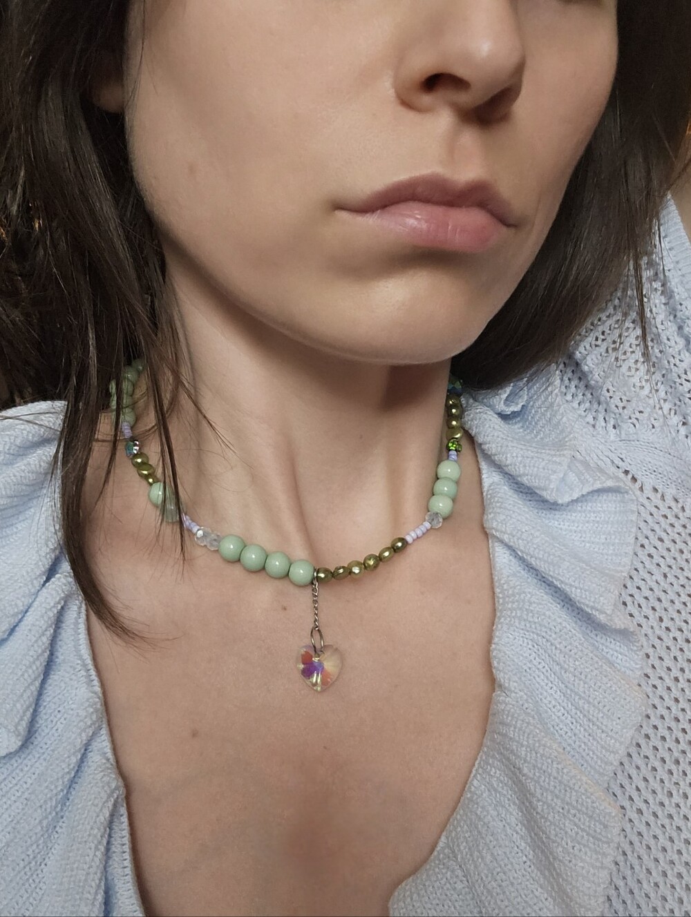 Lemon Drop Beads Green Beaded Heart Pendant Necklace with Iridescent Charm